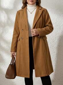Comfylo Abrigo de lana con cuello de solapa y doble botonadura para mujer de talla grande, otoño/invierno - Caqui - Ver 1
