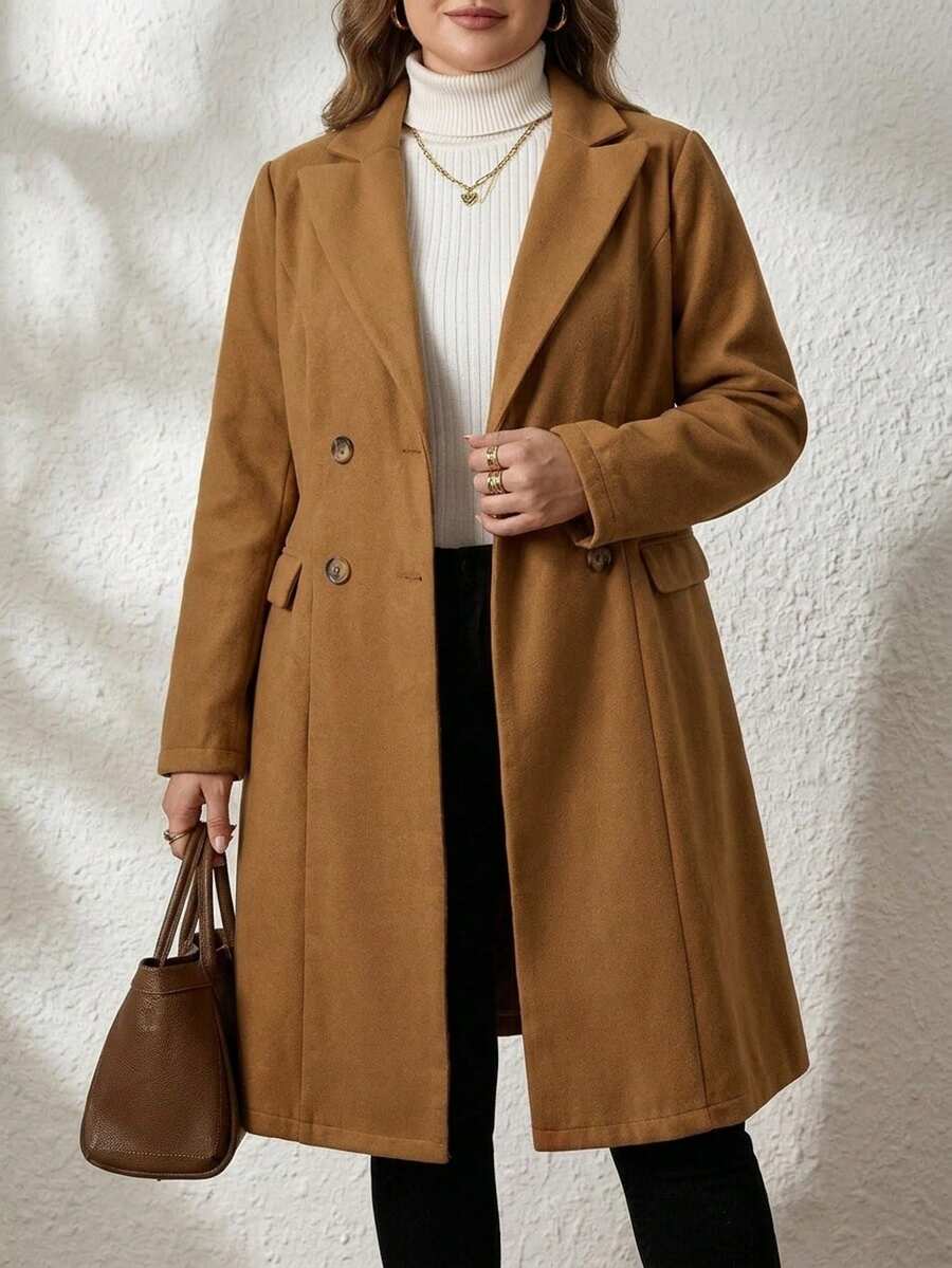 Comfylo Abrigo de lana con cuello de solapa y doble botonadura para mujer de talla grande, otoño/invierno - Caqui - Ver 1
