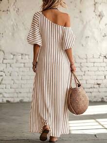 Omancia Women's Elegant Fashionable Commuter Vintage Charm Casual Vacation Relaxed Fit Asymmetrical Shoulder Neckline Short Sleeve Black And White Striped Pocket Dress Spring Summer Comfortable Long Dress - Apricot - View 2