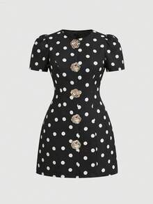SHEIN MOD 大尺碼黑色圓點短洋裝，都市現代風，日常通勤復古優雅 - 黑與白 - 查看 8