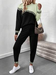 SHEIN LUNE 2件套女士撞色拼布毛衣和针织裤套装 - 綠色 - 查看 3