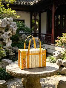 1Pc Foldable Camp Storage Basket Woven From Bamboo, Batik Cloth Covered, Picnic Basket, Rural Style. - yellow and white - View 5