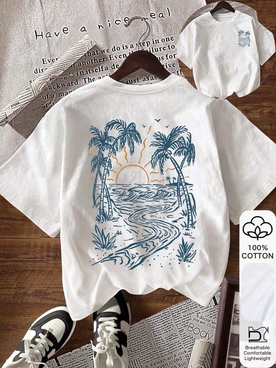 EMERY ROSE Damen Lässig Tropical Palmenprint Kurzarm T-Shirt, geeignet für Sommerurlaub und täglichen Gebrauch - Weiss - Übersicht 1