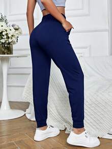 SHEIN Cheerettes Pantalones deportivos de cintura con cordón con bolsillo oblicuo - Azul Marino - Ver 3