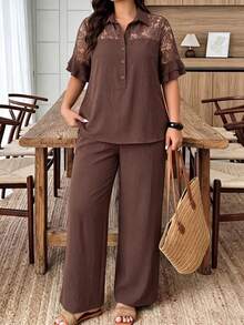 Lacomfia Spring & Summer Elegant Casual Loose Versatile Collared Button Splice Dyed Floral Trim Splice Lotus Sleeve Plus Size Women 2 Pieces Set - Brown - View 1