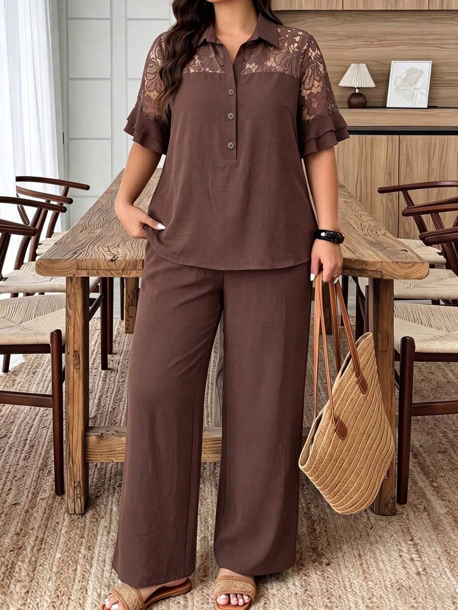 Lacomfia Spring & Summer Elegant Casual Loose Versatile Collared Button Splice Dyed Floral Trim Splice Lotus Sleeve Plus Size Women 2 Pieces Set - Brown - View 1