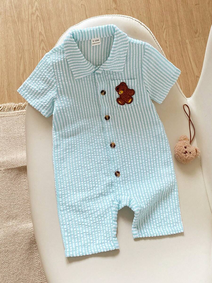 SHEIN Barboteuse pour bébé garçon à manches courtes avec col, imprimé animal mignon, couleur abricot, ouverture devant, barboteuse d'été à col, convient pour le printemps et l'été, convient de 3M à 24M - Vert menthe - Voir 1