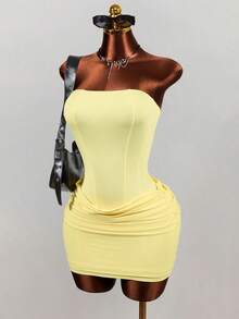 BamGleam Women Summer Solid Pale Yellow Strapless Corset Bodycon Mini Dress Ruched Wrap Hem Sexy Night Out Club Party Beach Photo Outfit - Yellow - View 7