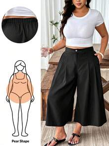 SHEIN PETITE CURVE 大尺碼女款休閒亞麻七分褲，適合休閒、海灘與居家穿著 - 黑色 - 查看 3