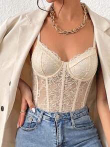 SHEIN Glamour 女款蕾絲時尚性感細肩帶背心 - 香檳色 - 查看 3