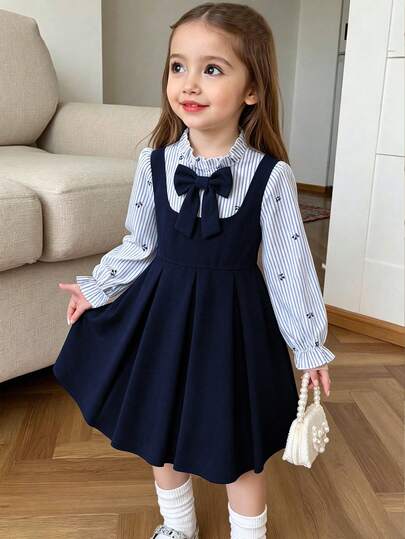 Elladie kids Setelan Gaun 2 Potong Lucu untuk Anak Perempuan, Atasan Lengan Panjang Bergaris dengan Hiasan Ruffle & Gaun Berlipit dengan Hiasan Pita Besar Warna Navy, Pakaian Sekolah Sehari-hari yang Manis