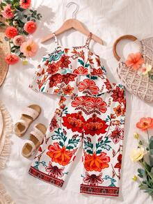 SHEIN Playful Pals 2件/組 幼女波希米亞風白色彩色花卉印花吊帶上衣+長褲套裝 夏季趣味度假假日穿搭 舒適休閒服 - 彩色 - 查看 6