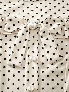 GlowEve Women's Round Neck Bow Polka Dot Pleated Dress - Apricot - View 5