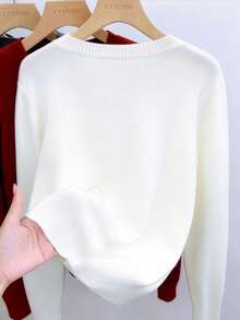 GlowEve CURVE Plus Size Casual Round Neck Contrast Color Heart Button Embroidery Bow Long Sleeve Cardigan - White - View 2