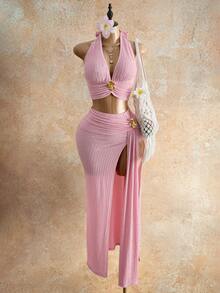 Mistrie Women's Solid Color 3D Metal Flower Decor Halter Neck V-Neck Top And Slit Bodycon Fitted Skirt 2-Piece Set Beach Party Pink Summer Sexy - Baby Pink - View 1