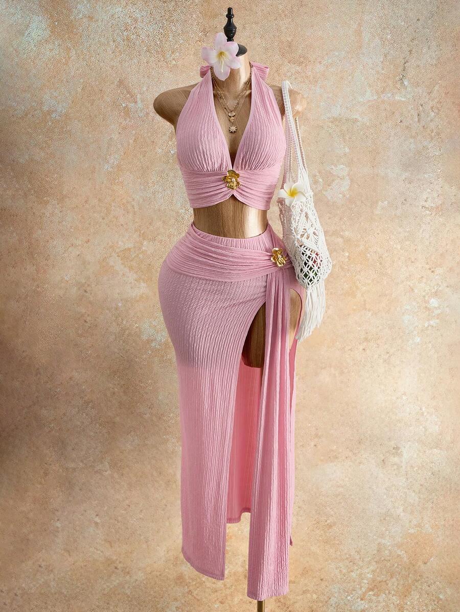 Mistrie Women's Solid Color 3D Metal Flower Decor Halter Neck V-Neck Top And Slit Bodycon Fitted Skirt 2-Piece Set Beach Party Pink Summer Sexy - Baby Pink - View 1