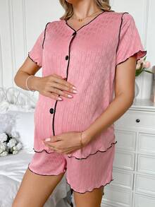 Moonlight&Mama Maternity Short Sleeve Button V-Neck Loungewear - Coral Pink - View 3