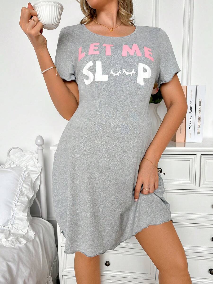 Moonlight&Mama Moonlight Mama Light Floral Light Pink Basic Cute Casual Fashion Comfortable Letter Print Ruffle Design Maternity Nursing Home House Dress Summer - Grey - View 1