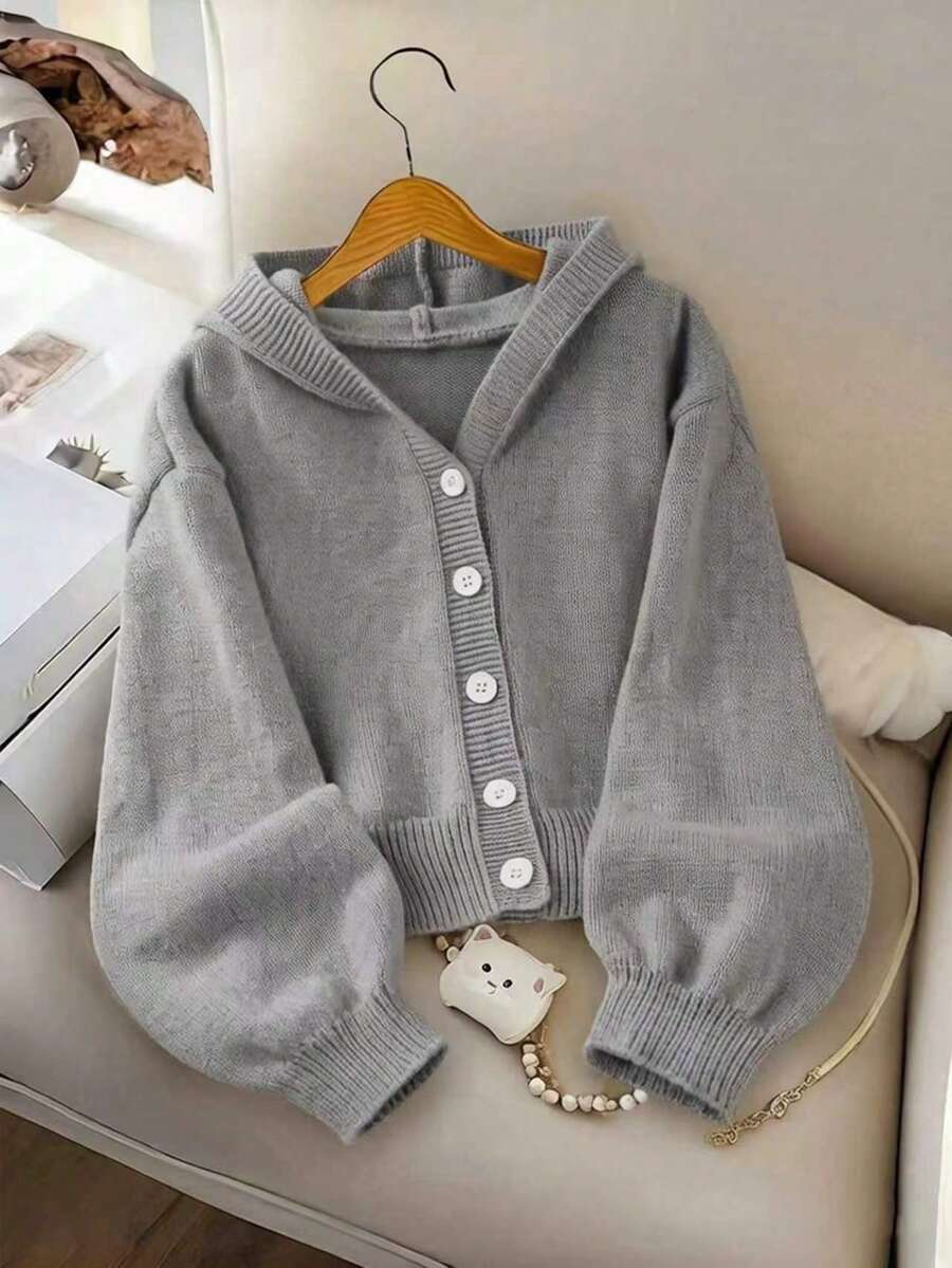 SHEIN Genkimix Kids 女童時尚休閒清新短版素色秋冬連帽針織開襟毛衣外套 - 灰色 - 查看 1