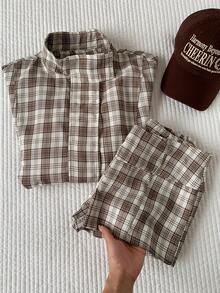 Comfortcana Women's Plaid Long Sleeve Jacket And Shorts Casual 2 Pieces Set - Khaki - View 7
