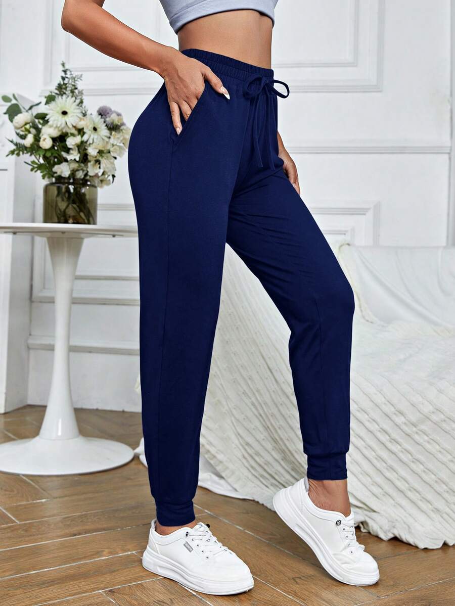 SHEIN Cheerettes Pantalones deportivos de cintura con cordón con bolsillo oblicuo - Azul Marino - Ver 1