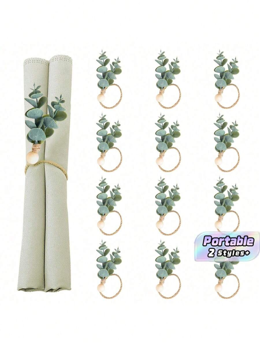1/6Pcs/Set Napkin Rings ,Rustic Farmhouse Napkin Rings Eucalyptus Napkin Rings,Wooden Napkin Rings,Boho Green Leaf Napkin Rings For Spring Summer,Thanksgiving Christmas,Bridal Shower Wedding Table Decor. - multicolor - View 1