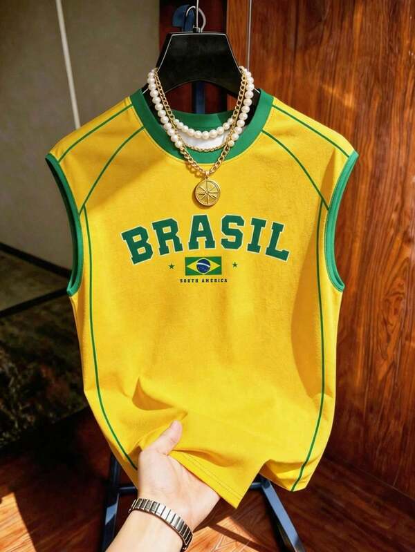 Aesthetic Post 男士大尺碼復西足球背心，美國 BRASIL 10 印花無袖上衣，男女款圖案T恤，男士時尚運動上衣，夏季休閒運動衫，足球，足球用品