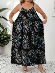 SHEIN CURVE+ Plus Size Women's Summer Beach Vacation Tropical Print Contrast Lace Spaghetti Strap Dress, Summer Dresses For Women - Multicolor - View 3