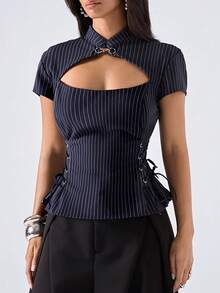 LYSMO Women's Striped Cut-Out Bust Design Lace-Up Casual Versatile Daily Outing Short Sleeve Blazer Top - Navy Blue - View 1