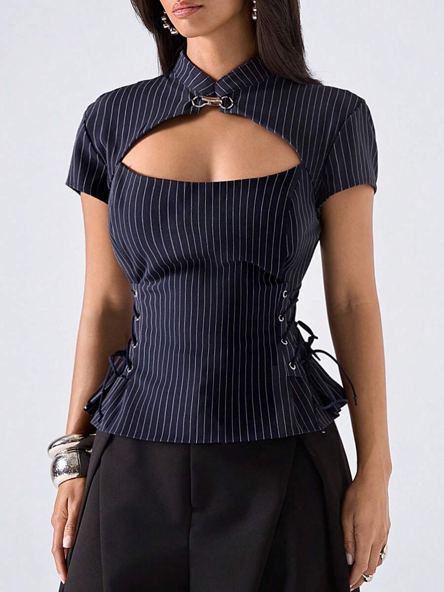 LYSMO Women's Striped Cut-Out Bust Design Lace-Up Casual Versatile Daily Outing Short Sleeve Blazer Top - Navy Blue - View 1