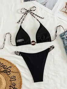 Swim Vcay Ladies Beach Leopard Print Sexy Back Vacation Bikini Set - Multicolor - View 2