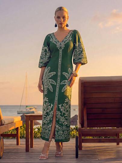 CAJUNI Women's V-Neck Coconut Tree Print Slit Design Casual Party Travel Dress