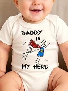 SHEIN Playful Pals 1件男嬰卡通可愛標語「DADDY IS MY HERO」字母印花短袖連身衣，夏季嬰兒中性款柔軟舒適日常背心連身衣，父親節適用 - 白色 - 查看 1