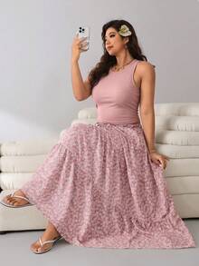 Solflare Casual Light Pink Dusty Pink Plus Size Women's Round Neck Tank Top And Ditsy Floral Skirt 2-Piece Set Beach Vacation Summer - Pink - View 6