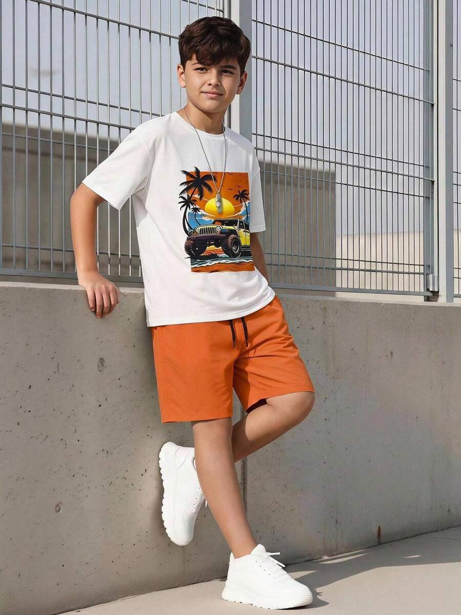 SHEIN 2件組青少年男款時尚黑色T恤與綠色短褲休閒套裝 - 橘色 - 查看 1