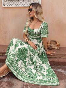 Flora Isola Flora Isola Women's Spring/Summer Elegant Boho Fashion Commute Casual Comfortable Charming Vintage Romantic Holiday Vacation Beach Vacation Dress White Floral - Green - View 4