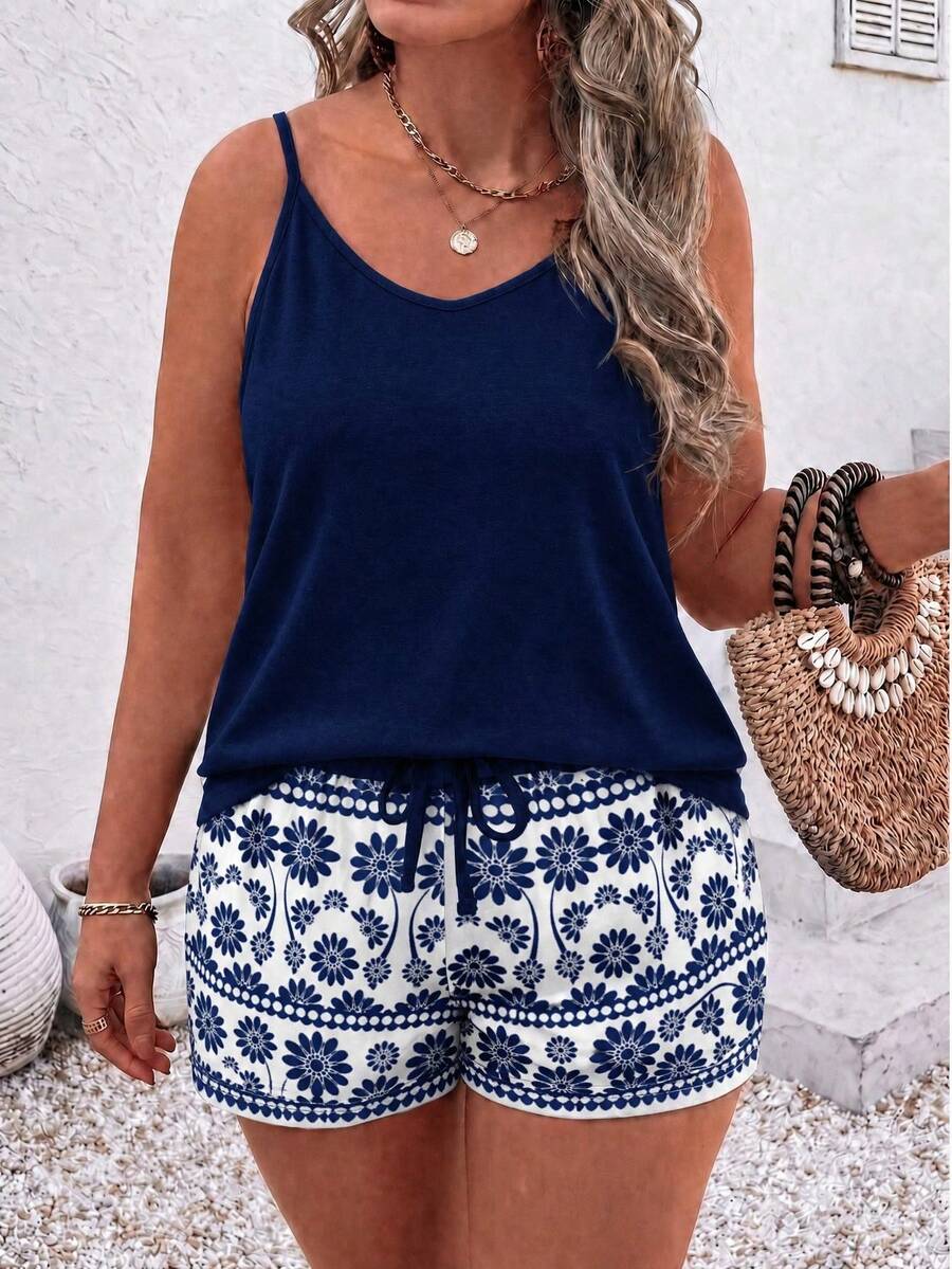EMERY ROSE Plus Size Vacation Casual Solid Color Camisole Top And Floral Print Shorts 2-Piece Set - Multicolor - View 1