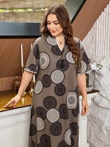 Al Najma Tunik Panjang Tradisional Arab Wanita Ukuran Besar Motif Cokelat Musim Panas, Patchwork, Renda, Rumbai, dan Hiasan. - Coklat - View 5