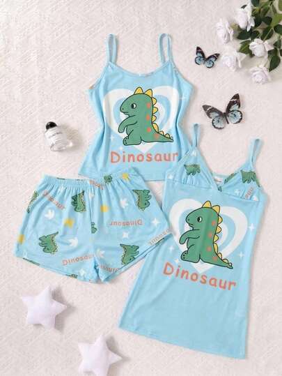 SET DE PIJAMA DE 3 PIEZAS PARA NOCHES FRESCAS / Set de Pijama 3 Piezas para Mujer con Top de Tirantes, Short Estampado y Camisón Casual