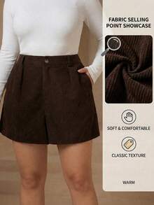Chikora Plus Size Women Casual Loose Solid Color Wide Leg Brown Shorts Elegant Modest Winter For Christmas New Year Brandy - Brown - View 8