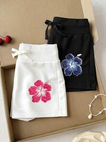 SHEIN Tween Girl Tween Girls Casual Flower Printed Gray And White Color Knit Wide Leg Shorts 2pcs Set - Black and White - View 5