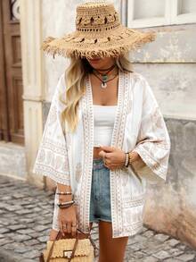 Brillora 女款夏季時尚休閒優雅度假浪漫印花極簡舒適寬鬆印花布料柔軟舒適和服式罩衫，優雅度假鄉村音樂節日常優雅白色罩衫 - 白色 - 查看 15