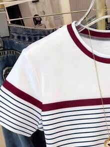 Tween Girls Casual Comfortable Fashion Minimalist Versatile Personalized Striped Bow Pattern Print T-Shirt Casual Style Spring Summer Short Sleeve T-Shirt Striped Contrast Color Slim Fit Top Daily Wear Suitable For Spring Summer Autumn Tops - Multicolor - View 3