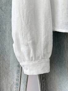 SHEIN 青少年女孩白色休閒甜美優雅純色蕾絲拼接荷葉邊長袖襯衫，適合夏季度假 - 白色 - 查看 7