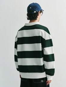Sonviro 男士休闲绿白条纹纽扣领套头衫，适合秋冬季，百搭日常穿着 - 綠色 - 查看 3