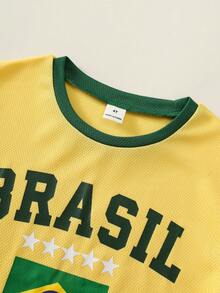 SHEIN 2pcs Kids Young Boy Summer Casual Sports Football Set Brazil Jersey Yellow Top Blue Shorts World Cup Boys Soccer Uniform Sports Outfit - Multicolor - View 7