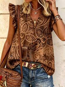 SHEIN LUNE Women's Floral Print V-Neck Short Flutter Sleeve Blouse - Multicolor - View 4