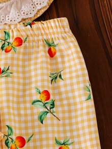 SHEIN Vintaside Kids 女嬰夏季兩件套，黃橘格紋與橘色印花無袖上衣搭配同款長褲，清新田園風，適合海邊度假、公園出遊、日常穿著、舞蹈日穿搭 - 黃色 - 查看 9