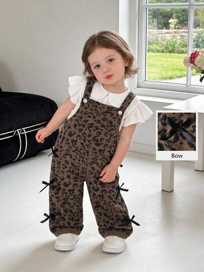 Genkimix Kids Infant Girls Jumpsuit, All-Season Style, New Arrival, Coffee Brown Leopard Print Fabric, Black Bows On Both Sides, Fashionable, Straight Loose Fit Overalls, Soft And Comfortable Fabric, Versatile Everyday Style, Suitable For Outings, All-Season New Girls Overalls And Jumpsuits