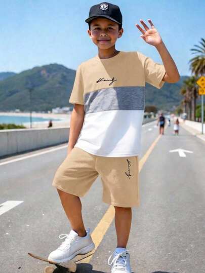 SHEIN 2piezas/Set Conjunto de camiseta de manga corta con cuello redondo y estampado de letras con bloques de color y patchwork & pantalones cortos casuales para niños preadolescentes, adecuado para ir al trabajo, la escuela, salidas casuales diarias, deportes, primavera y verano
